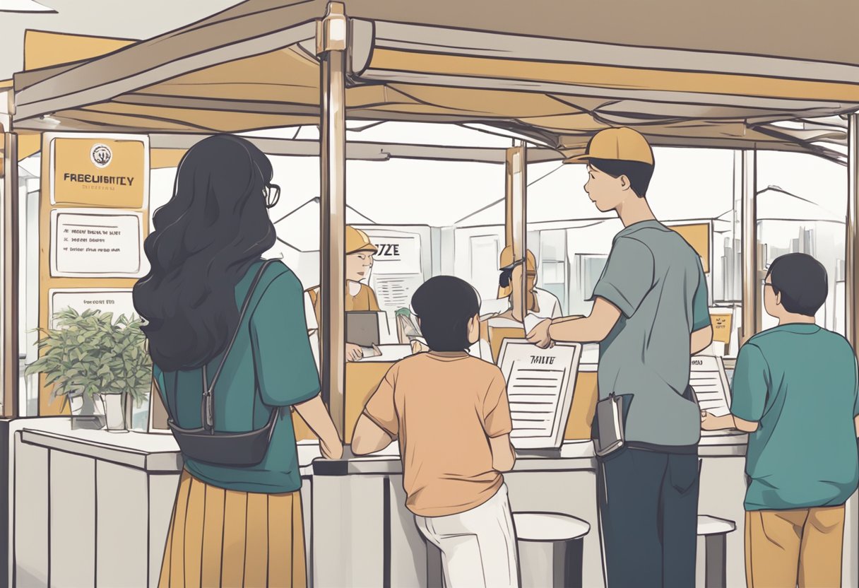People lining up at a booth with a sign "Frequently Asked Questions Ateez Singapore". A staff member assisting a customer with a smile
