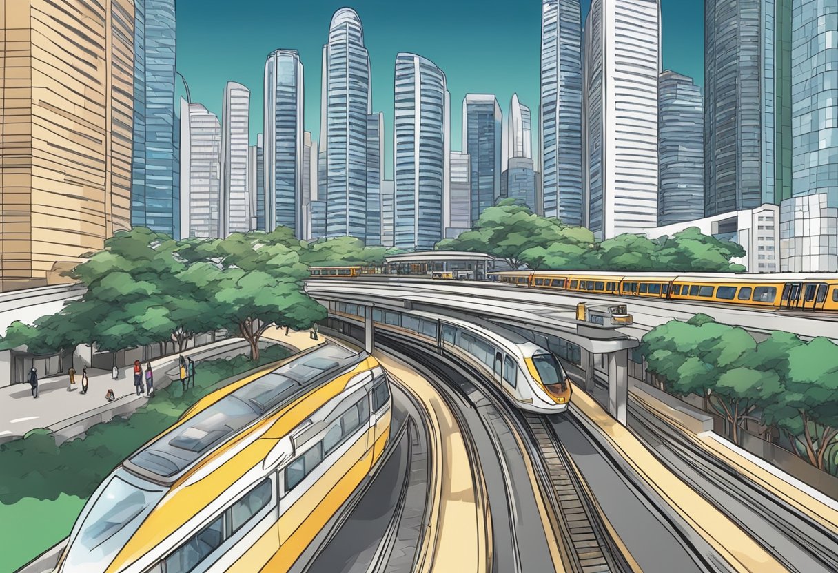 Busy cityscape with modern skyscrapers, bustling traffic, and a sleek subway train running through the heart of downtown Singapore