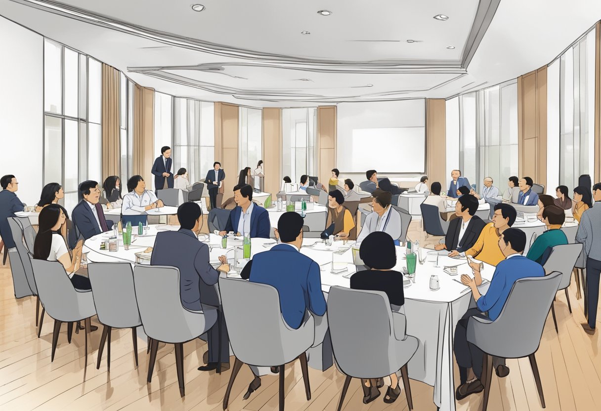 A group of professionals networking and exchanging business referrals at a BNI Singapore event. Tables are arranged in a large room, with members engaged in conversations and sharing their expertise