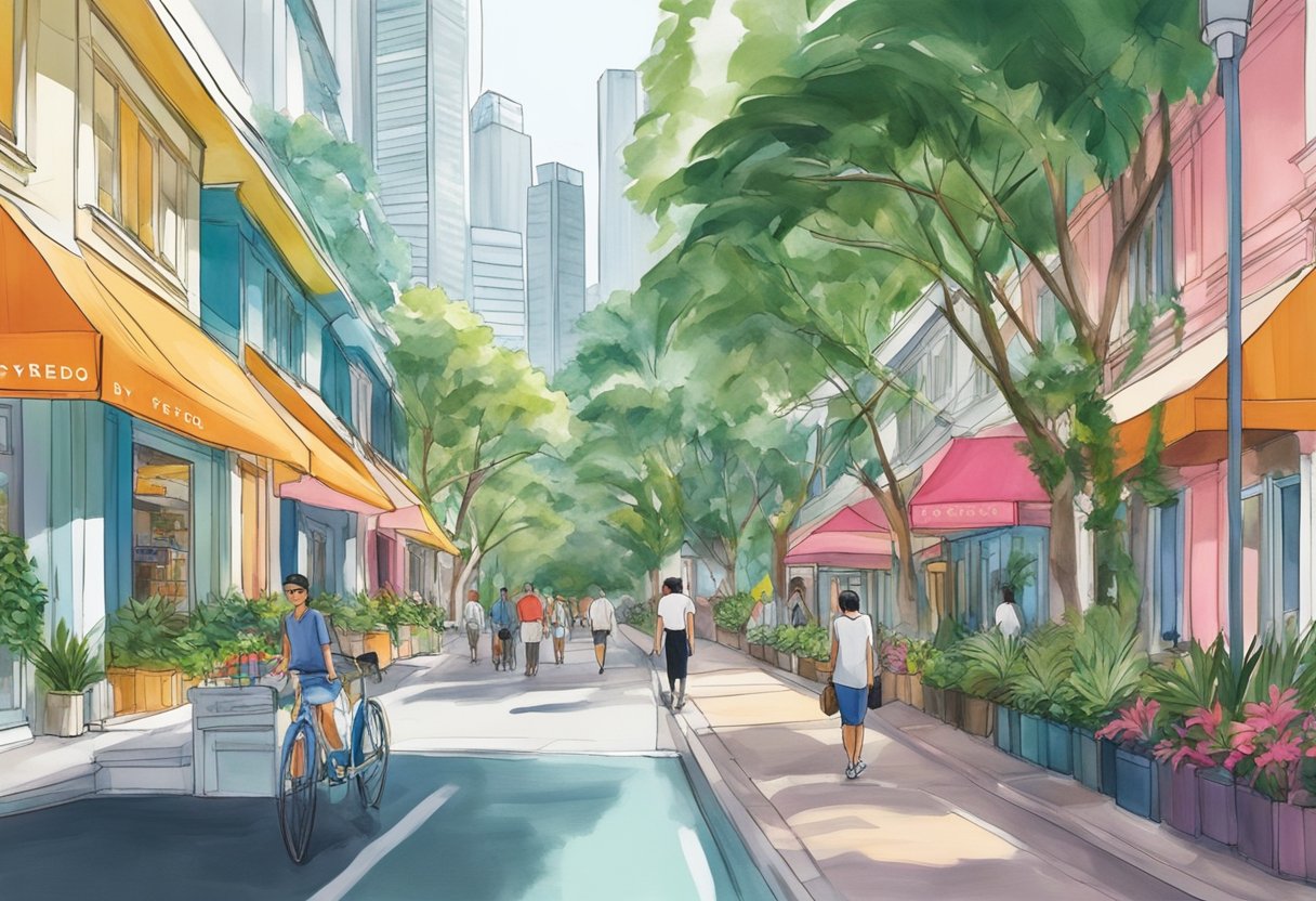 A bustling street in Singapore, with vibrant colors and exotic scents emanating from the Byredo store. The architecture is a mix of modern and traditional, with lush greenery adding to the tropical atmosphere