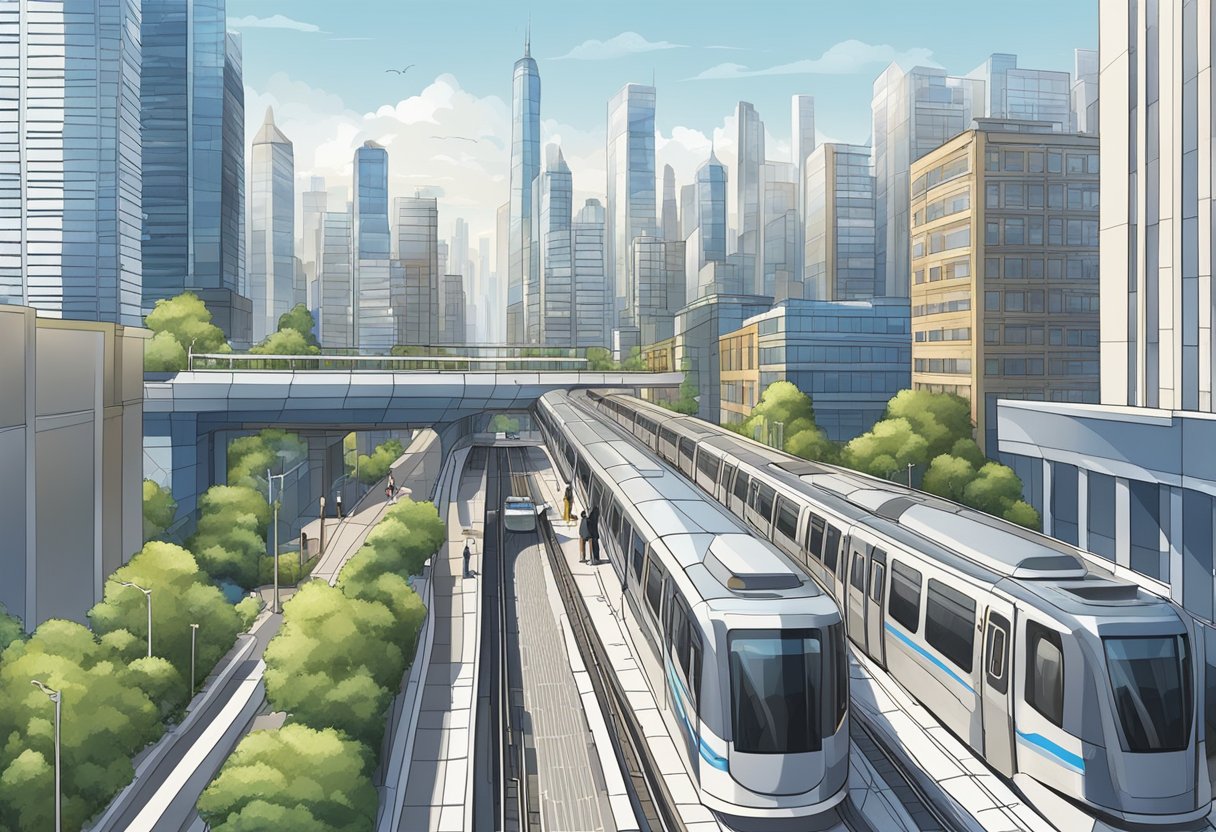 The bustling cityscape of Downtown Line, with skyscrapers, bustling streets, and a modern subway line cutting through the urban landscape