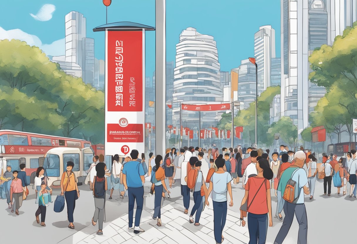A bustling Singapore street with a red and white diabetes awareness banner hanging from a lamppost. People of various ages and ethnicities pass by, some wearing blue diabetes awareness ribbons