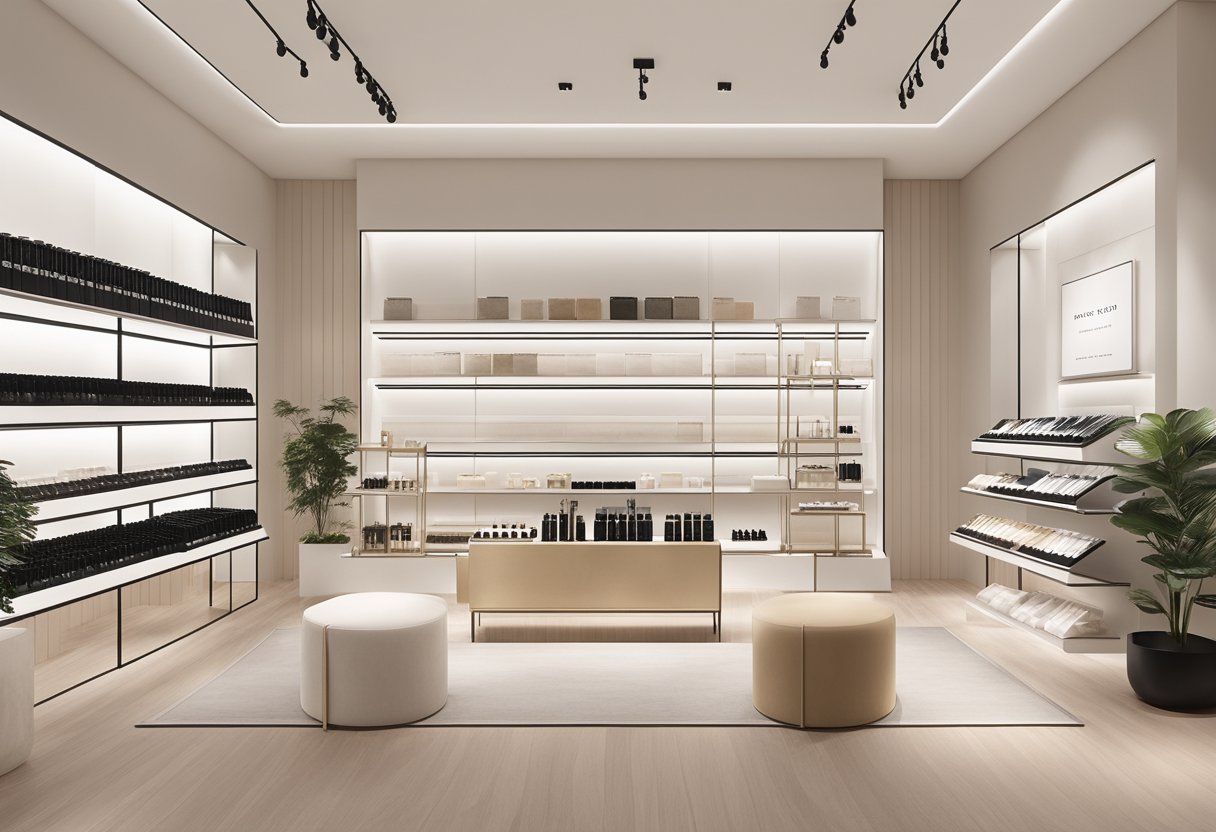 The Byredo store in Singapore is a modern, minimalist space with sleek shelves displaying luxurious fragrances and elegant packaging. The store is bathed in soft, natural light, creating a serene and inviting atmosphere