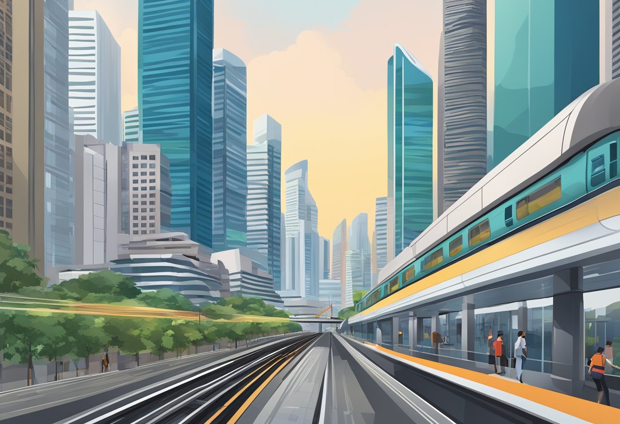 The bustling cityscape of downtown Singapore, with modern skyscrapers and a sleek subway line weaving through the urban landscape