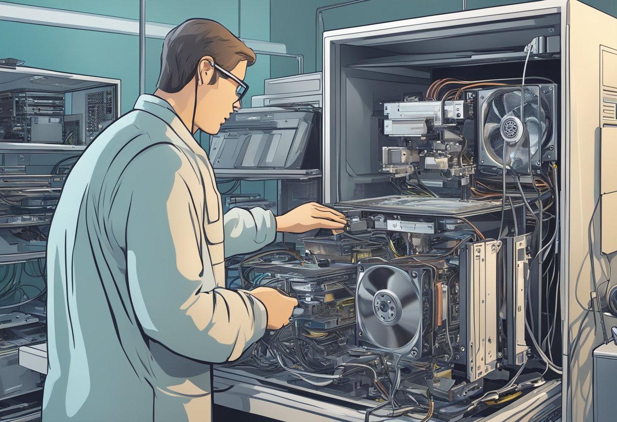 A computer with a damaged hard drive being carefully disassembled and analyzed by a technician in a clean, well-lit lab