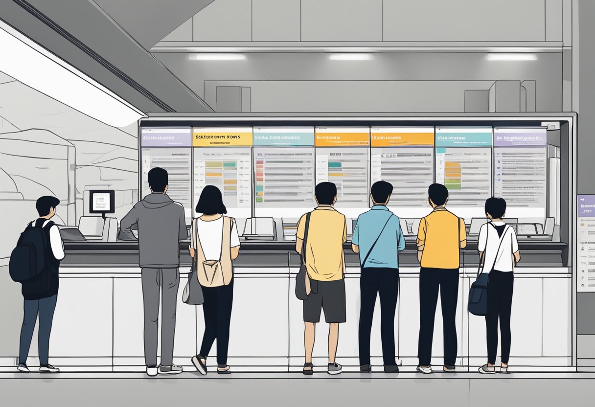 People lining up at a downtown line information counter in Singapore. Signs and posters with FAQs displayed prominently
