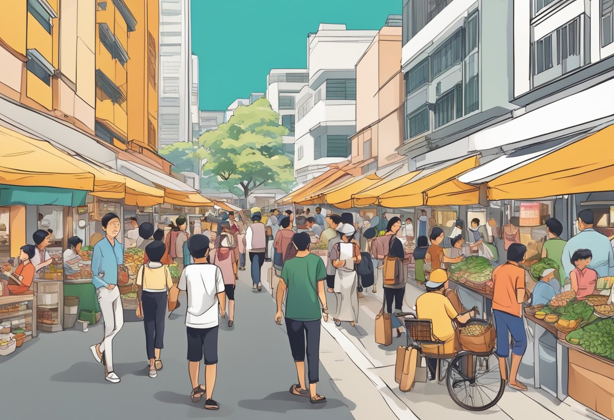 A bustling Singapore street with a diverse mix of people, including individuals of different ages, ethnicities, and backgrounds. The scene includes a variety of food options, from traditional hawker stalls to modern cafes, highlighting the multicultural aspect of Singaporean cuisine