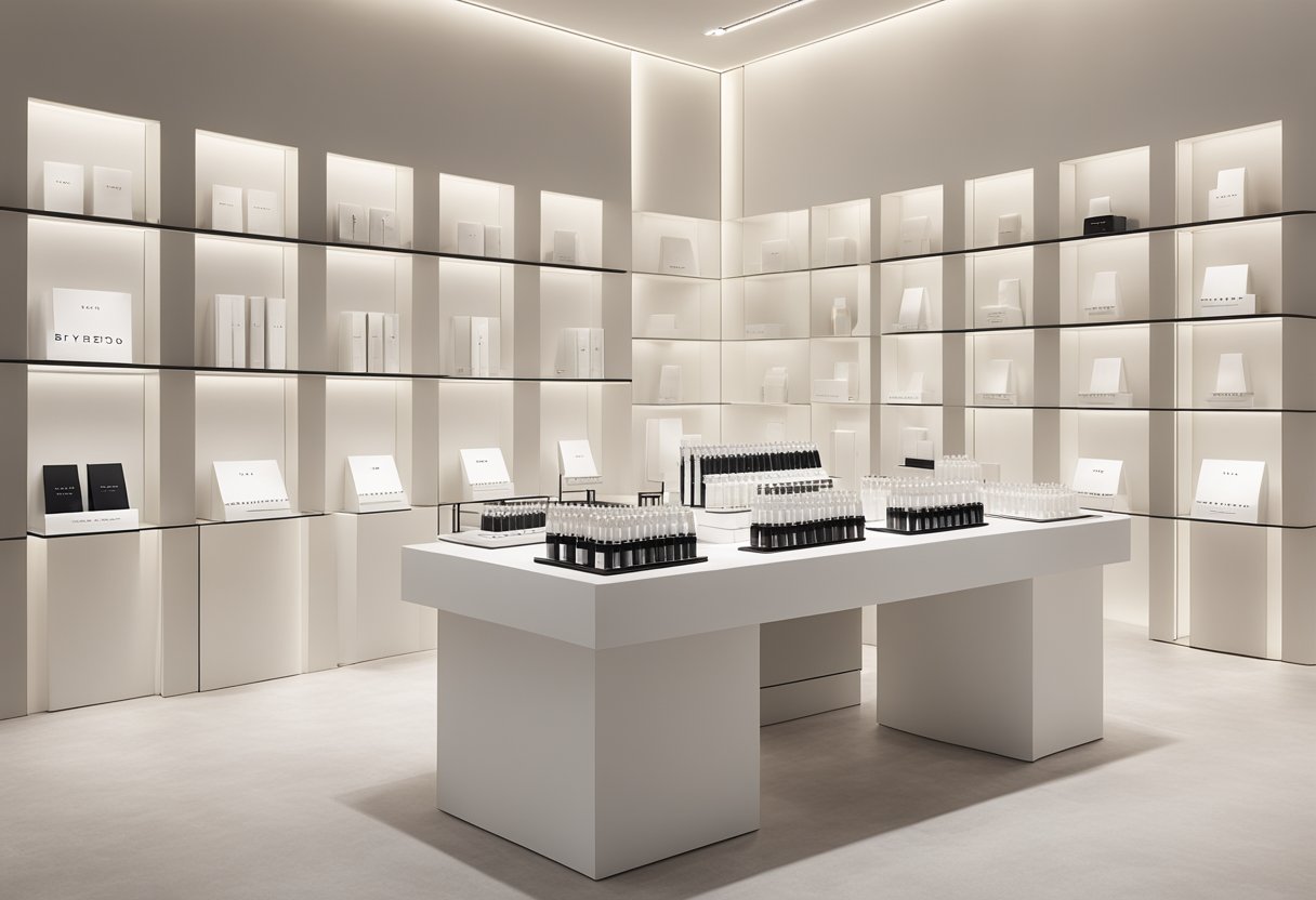 A table displays Byredo product range in a clean, minimalist setting with soft lighting and subtle branding