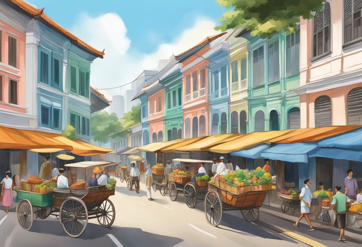 A bustling street in colonial-era Singapore with colorful shophouses, rickshaws, and people in traditional attire