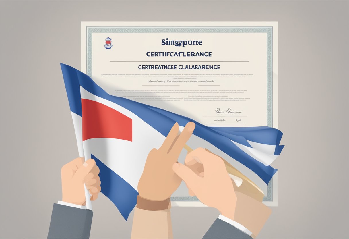 A hand holding a certificate of clearance with the Singaporean flag in the background