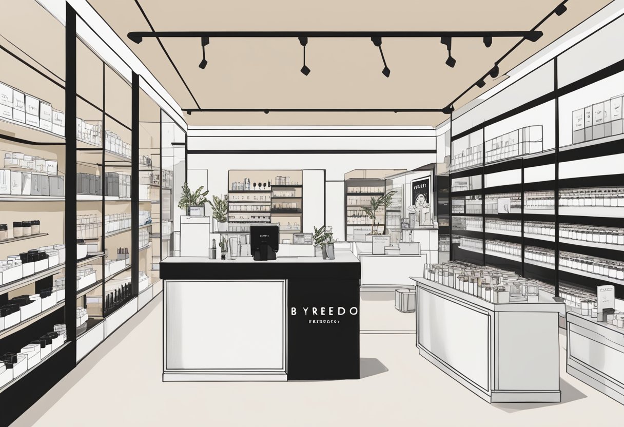 The Byredo Singapore store with a sleek, modern interior, shelves lined with luxurious fragrances, and a customer service desk with a sign reading "Frequently Asked Questions."
