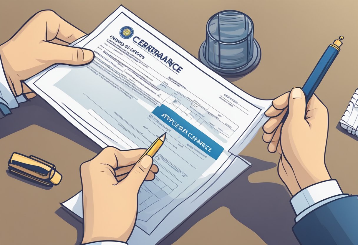 A hand holding a completed application form next to a certificate of clearance with a stamp of approval