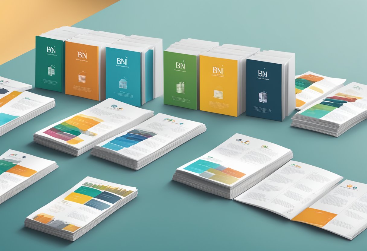 A stack of FAQ brochures with the BNI Singapore logo, surrounded by a group of diverse business professionals