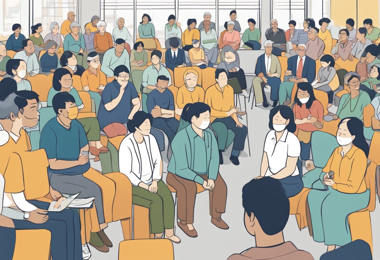 A group of people gather at a diabetes support group meeting in Singapore. Resources and information are shared to help manage the condition