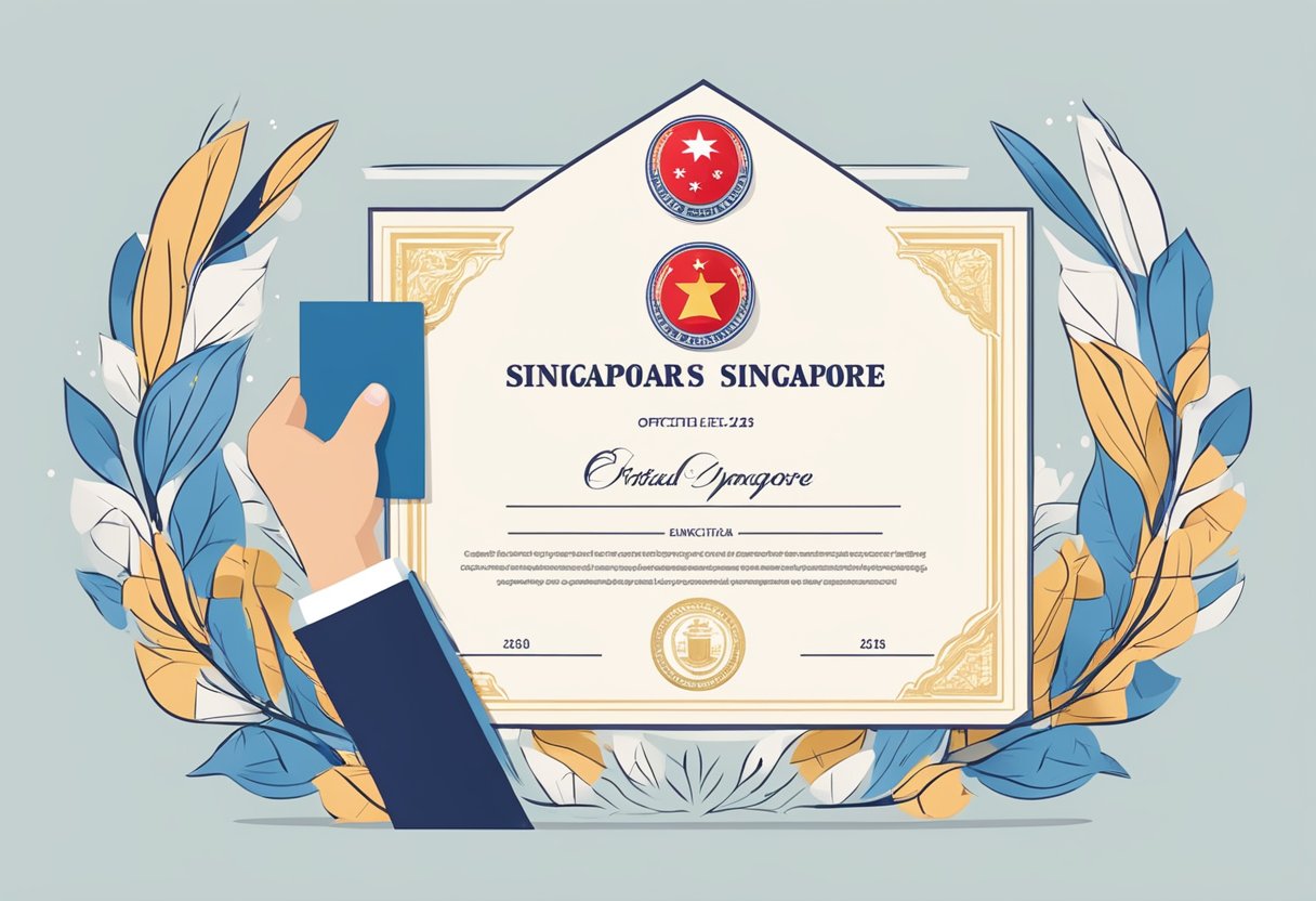 A hand holding a certificate with Singapore's official seal