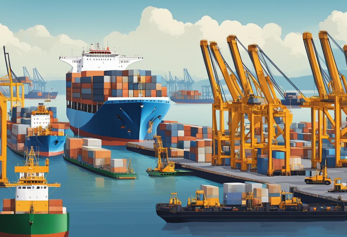 Busy port with large cargo ships unloading at docks, cranes lifting containers, and workers bustling on the waterfront