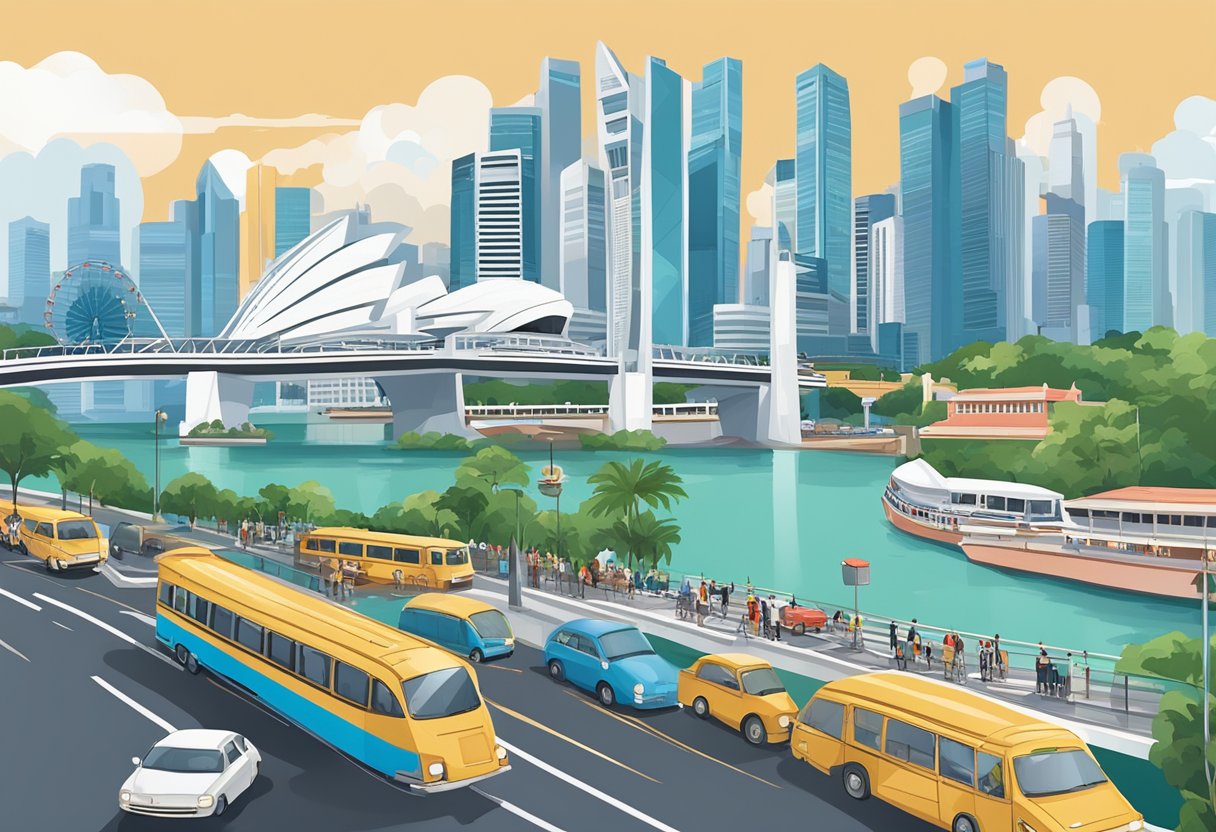 A bustling city street with iconic Singapore landmarks in the background, including the Marina Bay Sands and the Singapore Flyer