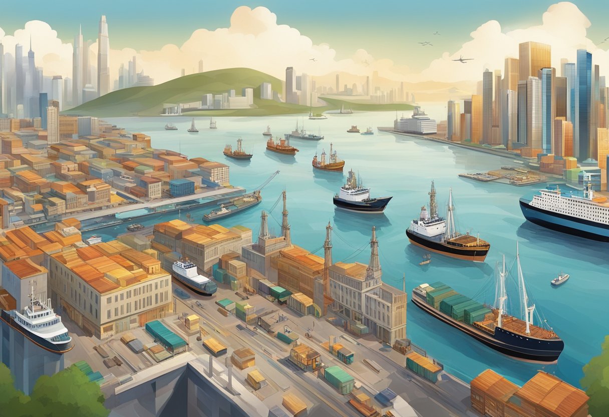 A bustling cityscape with skyscrapers, busy streets, and a prominent port with ships being loaded and unloaded. The city is filled with diverse cultural influences and a mix of traditional and modern architecture