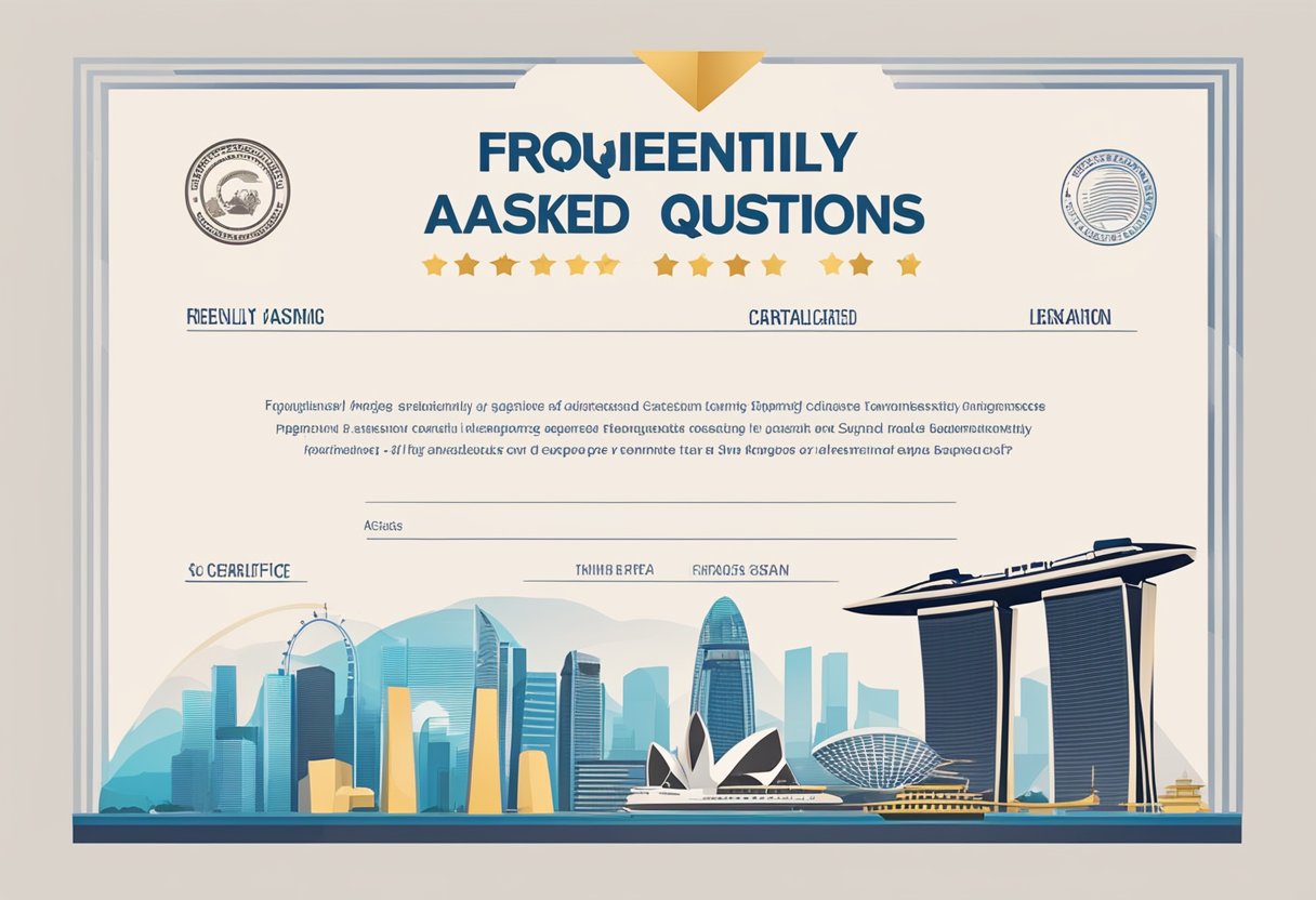 A certificate of clearance with the words "Frequently Asked Questions" prominently displayed, against a backdrop of the Singapore flag and iconic landmarks