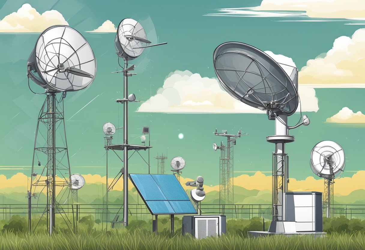 A weather monitoring station with radar, satellite dish, and screens displaying alerts