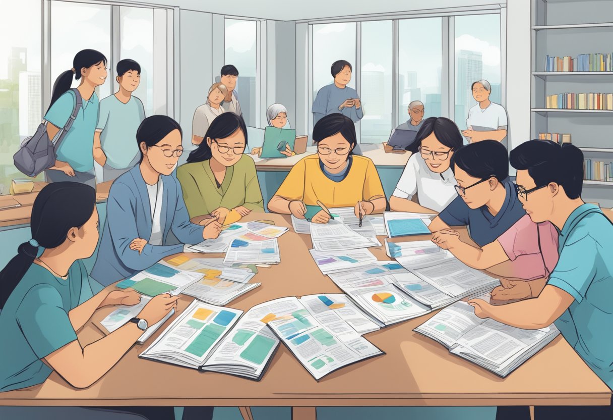 A group of people gathered around a table, discussing and sharing information about diabetes in Singapore. Charts and pamphlets are spread out, and a sense of community and support is evident