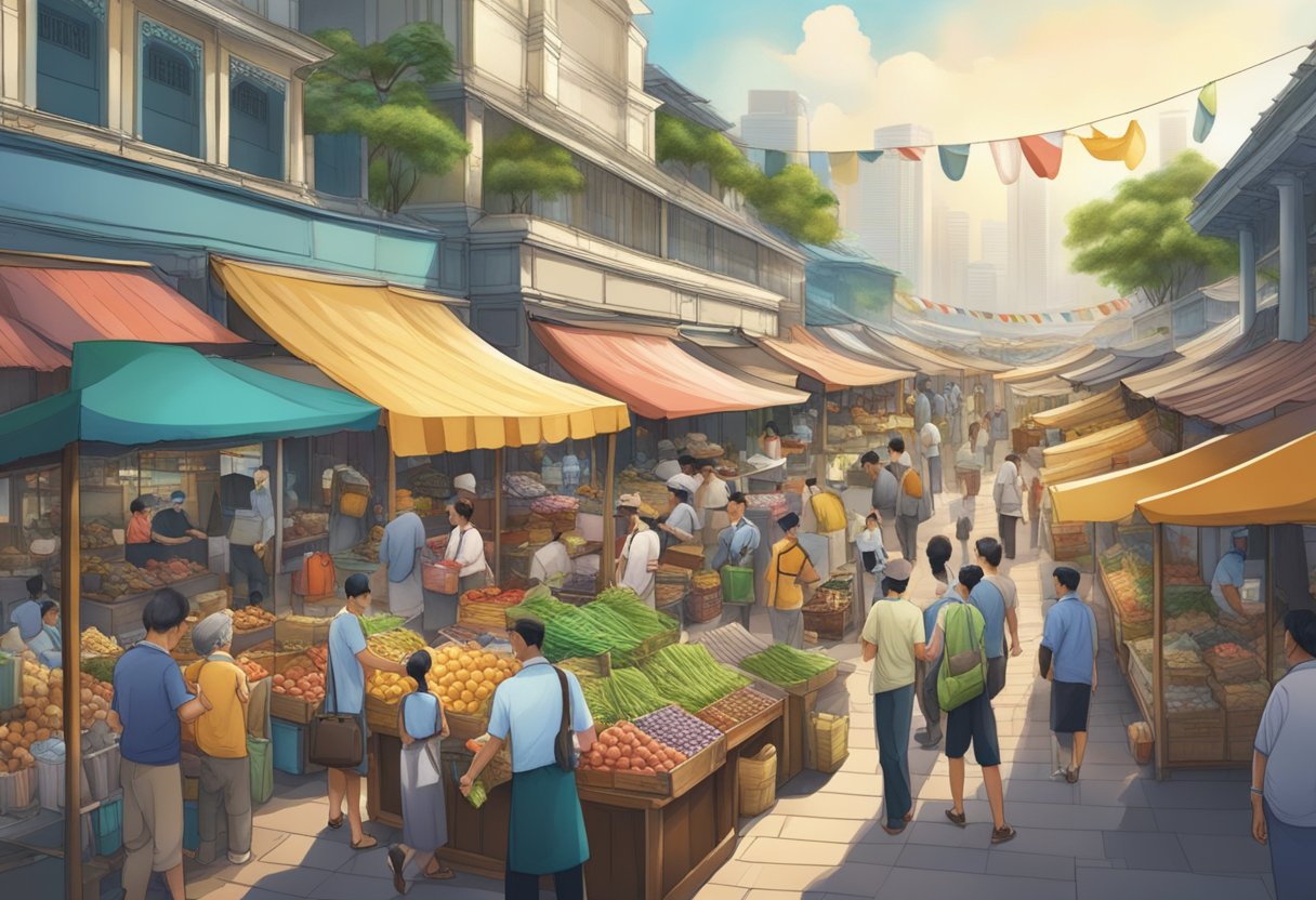 A bustling marketplace with people exchanging goods under the ERA Singapore banner