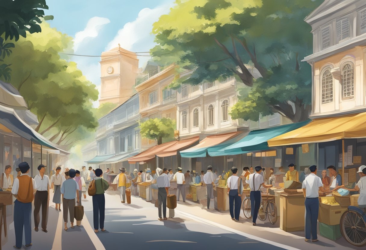 A bustling street in colonial-era Singapore with diverse people asking questions at information booths