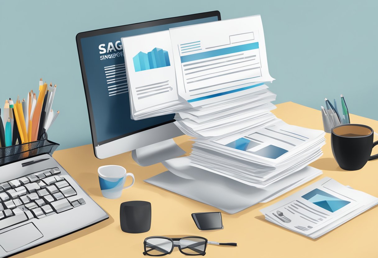 A stack of FAQ sheets with "MSS Singapore" on top, surrounded by office supplies and a computer screen showing the company's logo