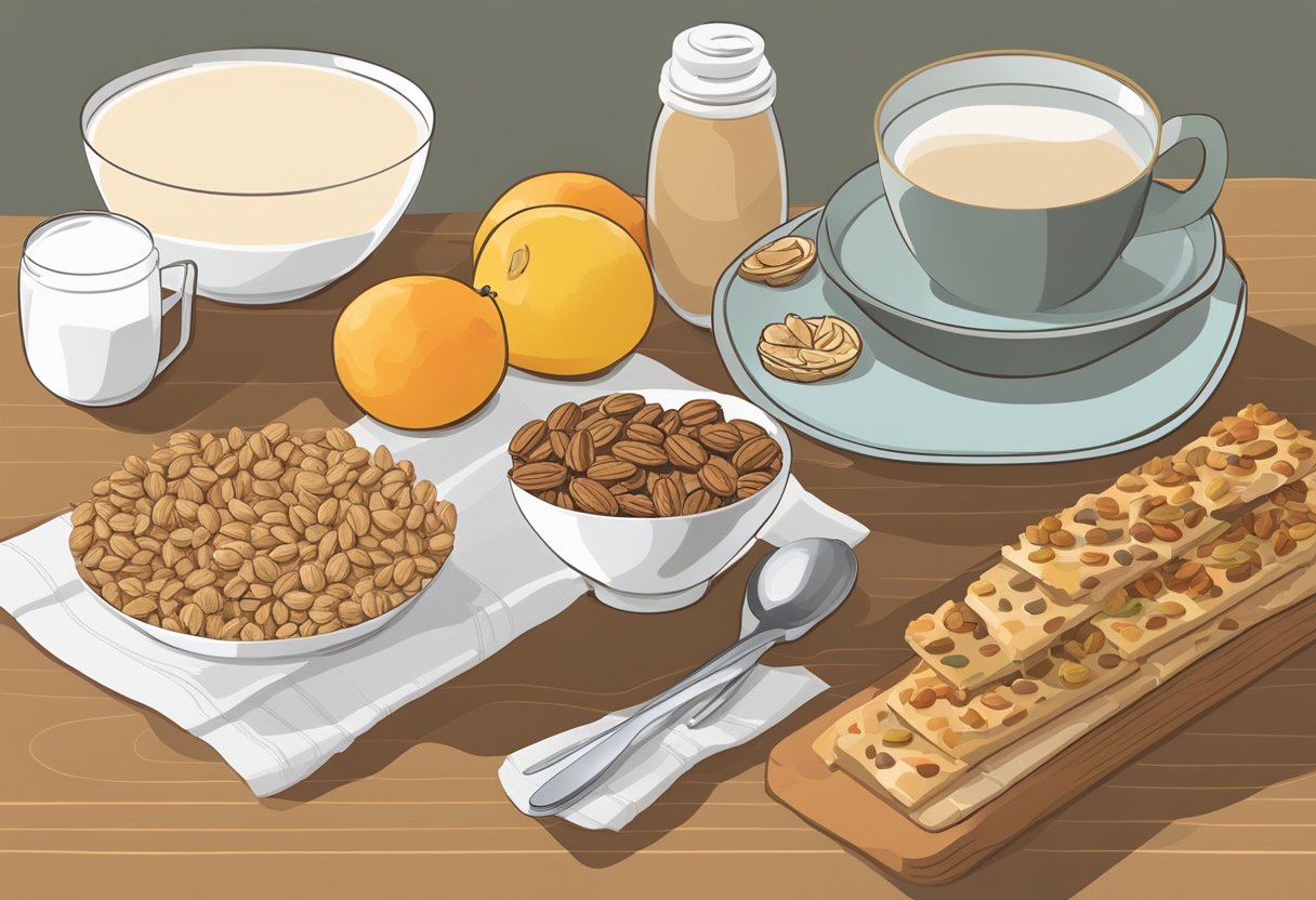A table with assorted fruits, nuts, and granola bars. A bottle of water and a cup of yogurt are also displayed