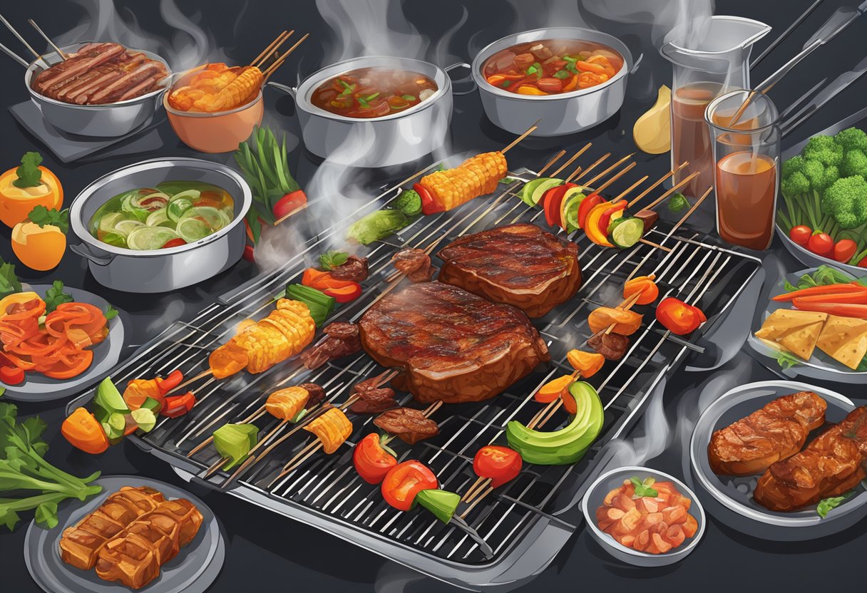 A sizzling halal BBQ spread in Singapore, with skewers of tender meats and vibrant vegetables cooking over hot coals. Aromatic smoke rises as the food caramelizes, creating a mouthwatering scene