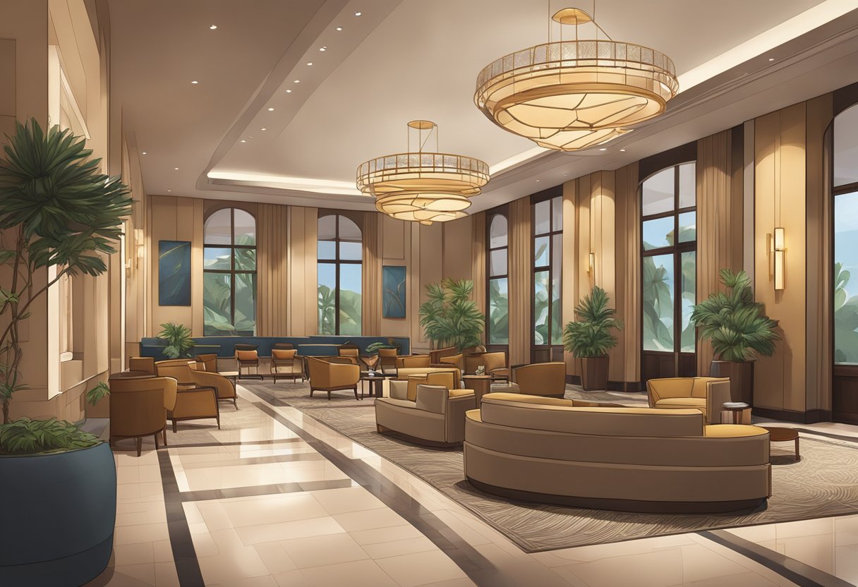 The hotel lobby is spacious, with modern furnishings and a warm color palette. A concierge desk and comfortable seating areas invite guests to relax and enjoy the ambiance