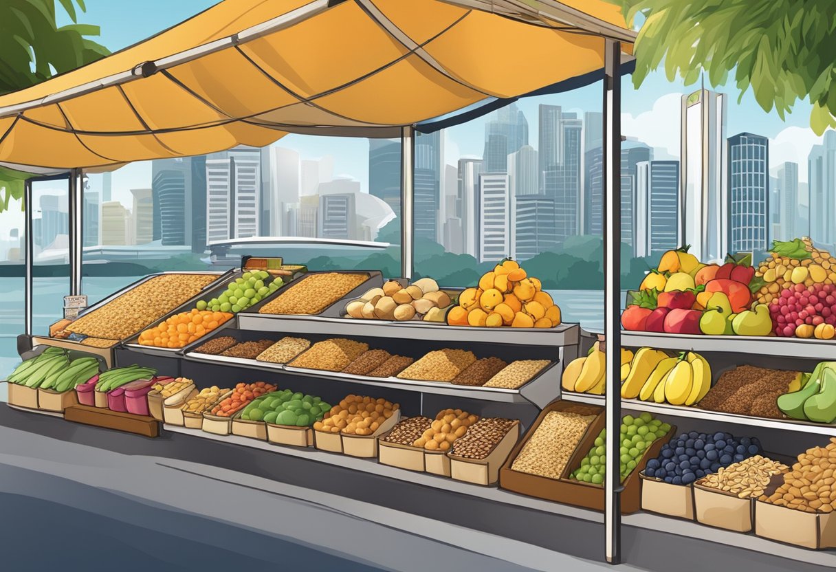 A colorful market stall displays a variety of fresh fruits, nuts, and granola bars. A sign advertises "Healthy Snacks in Singapore" amidst the bustling city backdrop