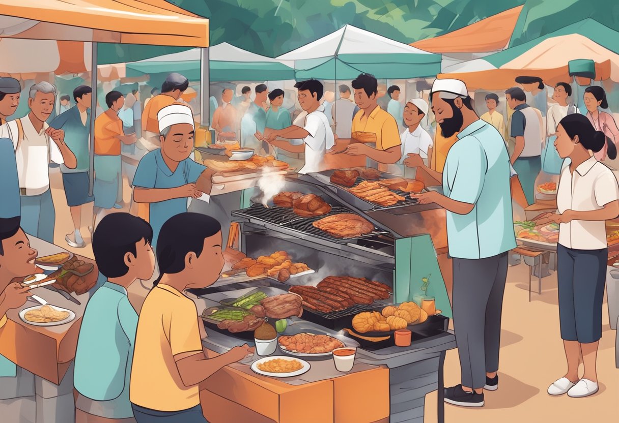 A group of people enjoying a variety of halal BBQ options at a lively outdoor food market in Singapore. The aroma of sizzling meats and spices fills the air as vendors tend to their grills
