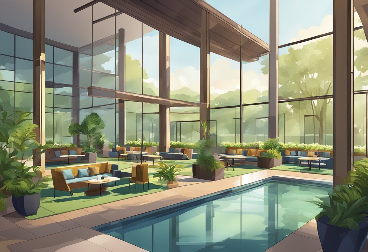 A bustling hotel lobby with modern decor and a welcoming atmosphere. A lush park outside with vibrant greenery and a serene pond