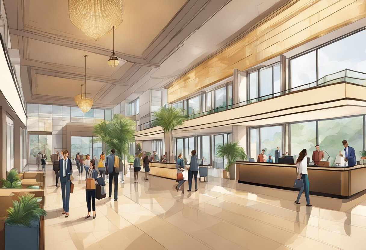 A bustling hotel lobby with a modern design, filled with guests and staff. The reception desk is busy, and people are coming and going. The atmosphere is warm and welcoming