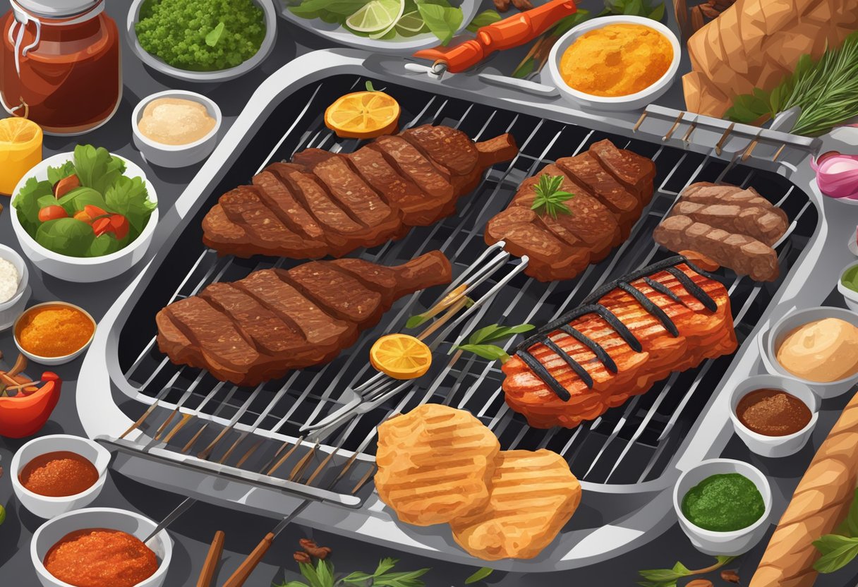 A vibrant outdoor BBQ setting with halal meat grilling on a sizzling hot grill, surrounded by a variety of spices, marinades, and grilling utensils