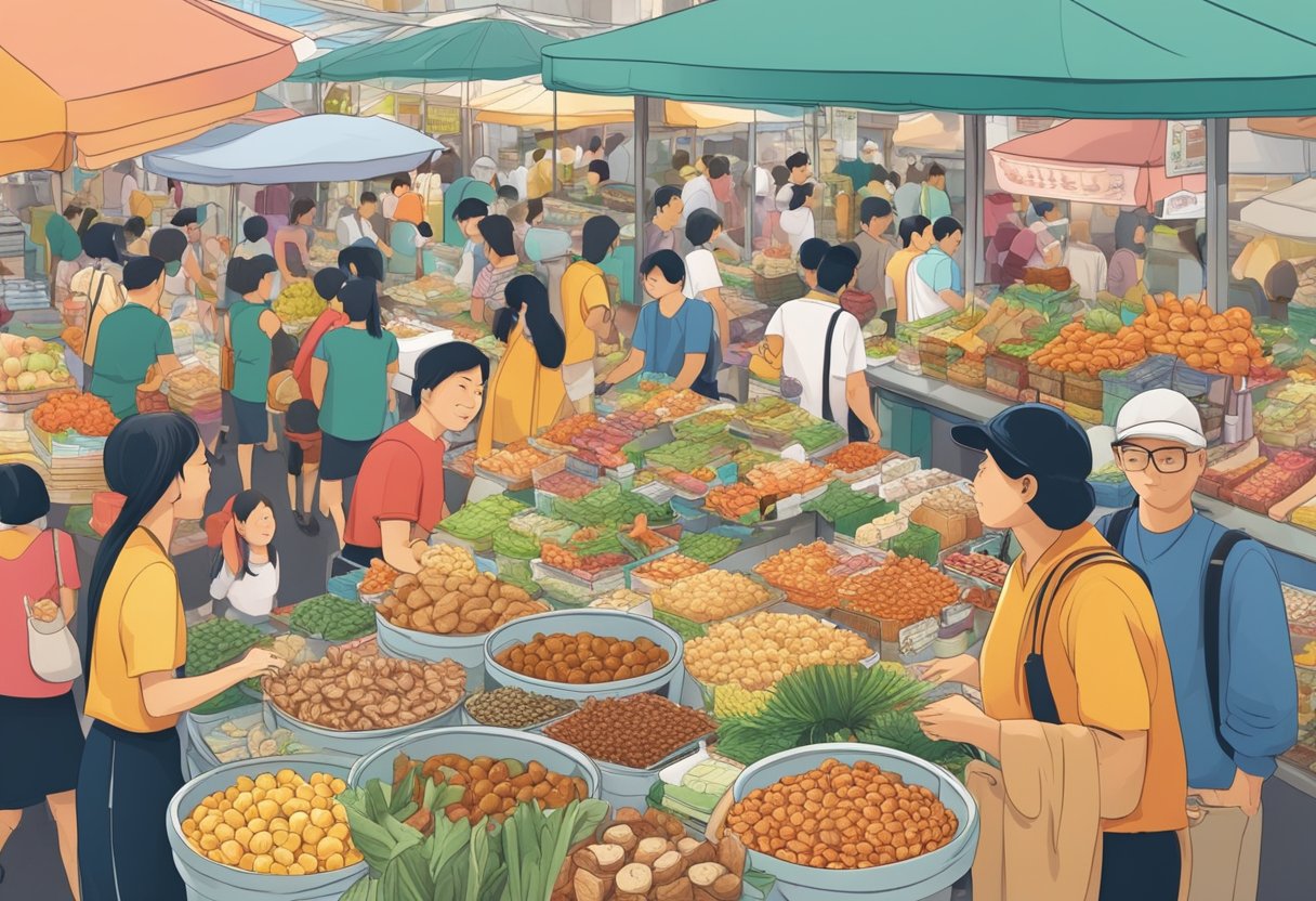 A table filled with colorful and appetizing healthy snacks, surrounded by curious customers in a bustling Singaporean market