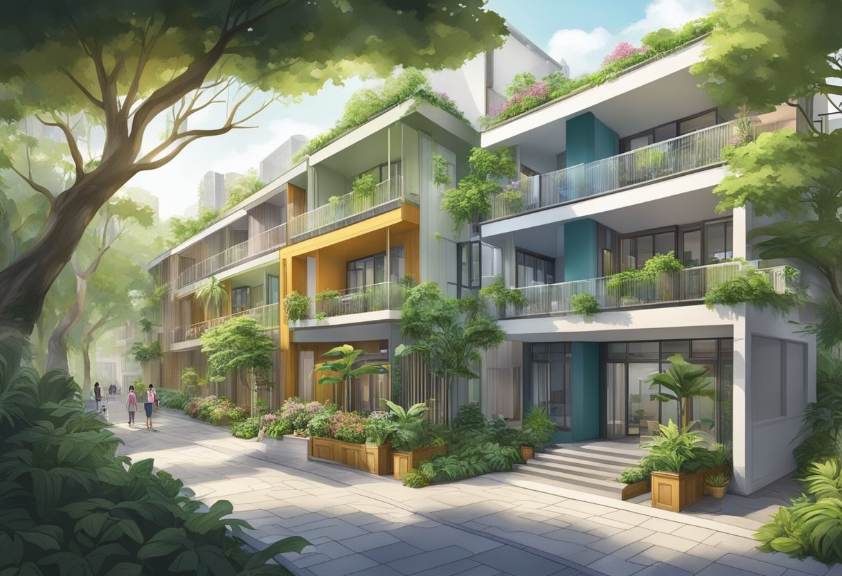 The dormitories in Singapore are a series of interconnected buildings, with colorful facades and open courtyards. Surrounding the dormitories are lush green trees and small gardens, creating a peaceful and serene atmosphere