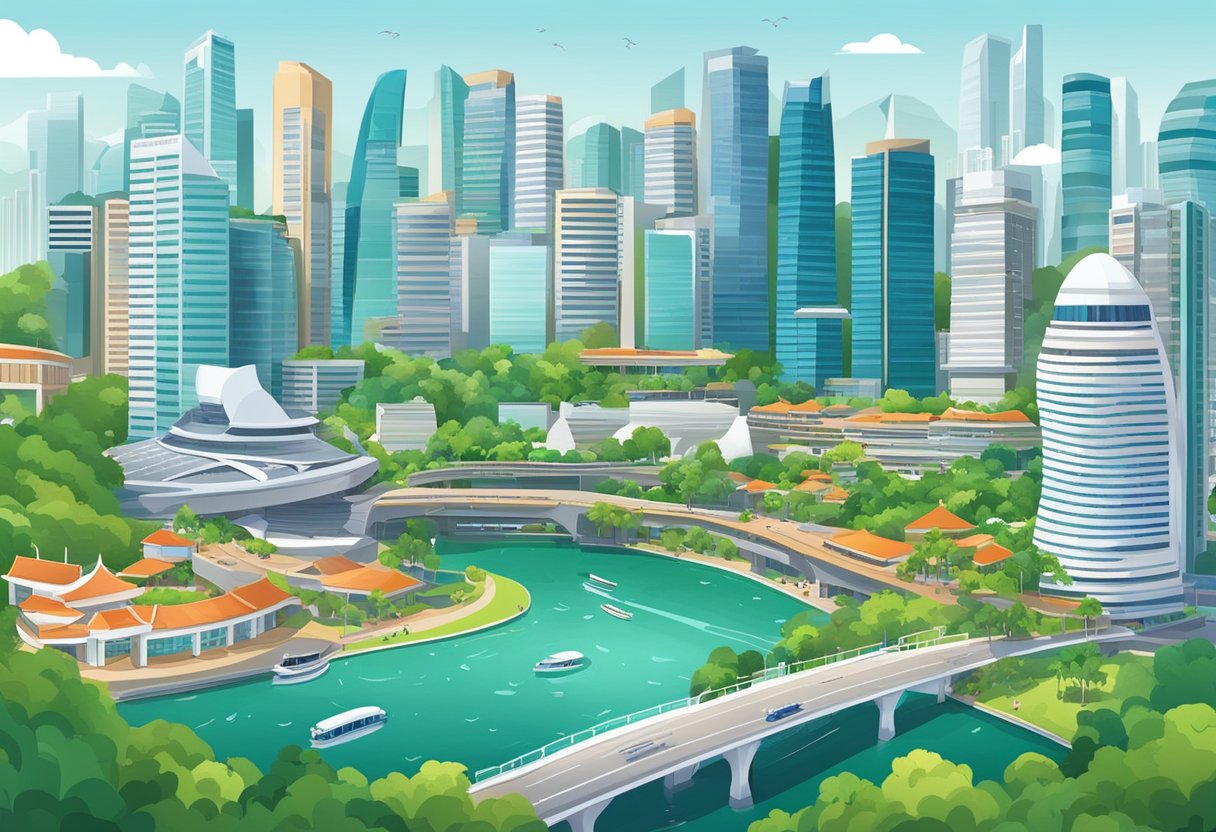 Vibrant cityscape of Singapore's skyline with iconic landmarks and futuristic architecture, bustling with activity and surrounded by lush greenery
