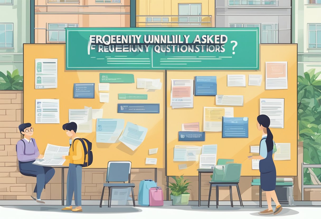 A bulletin board with "Frequently Asked Questions" written on it, surrounded by dormitory signs in Singapore