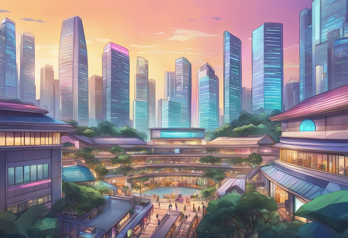 A bustling Singapore cityscape with digital art NFTs displayed on large screens in the background