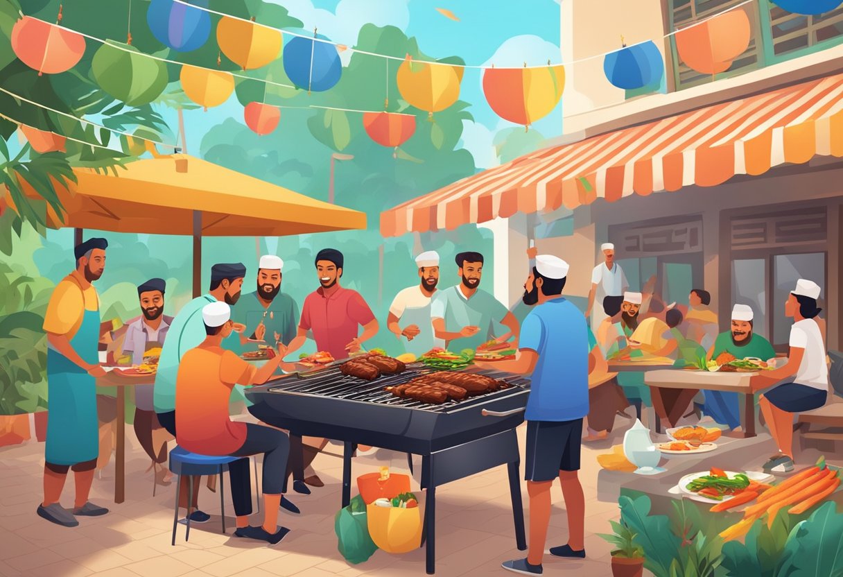 A group of people enjoying a halal BBQ in Singapore, with sizzling meats and vegetables on the grill, surrounded by colorful decorations and a lively atmosphere