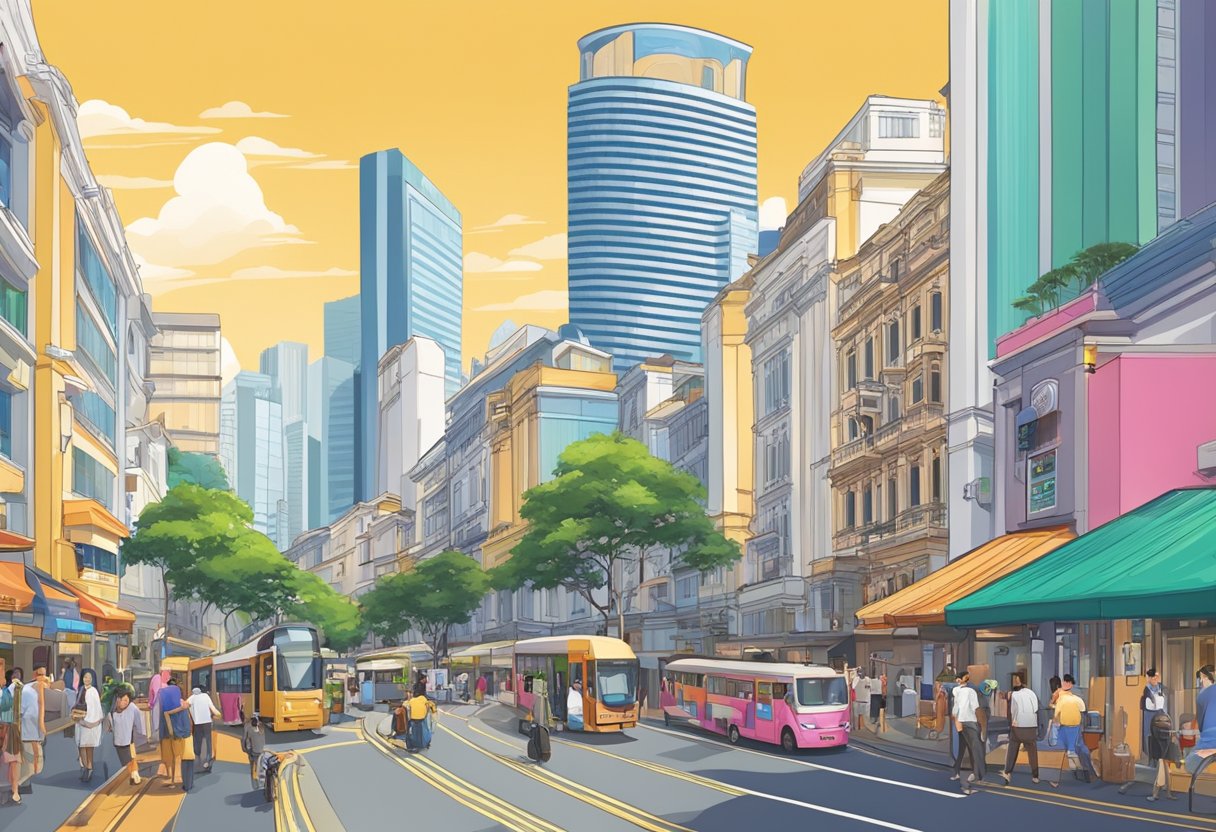 A bustling cityscape with iconic Singapore landmarks and colorful street scenes