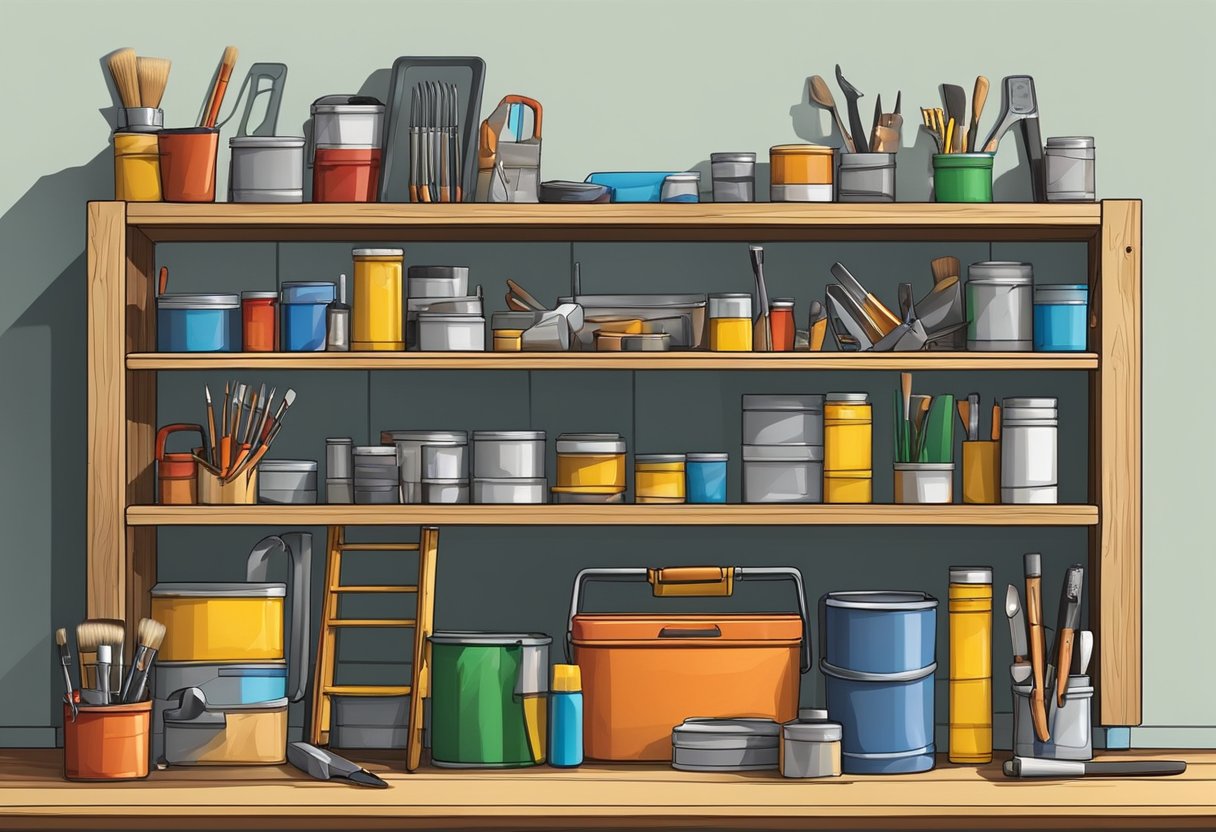 A toolbox sits open on a wooden workbench, filled with various tools and equipment. A ladder leans against the wall, and a neatly organized shelf holds paint cans and supplies