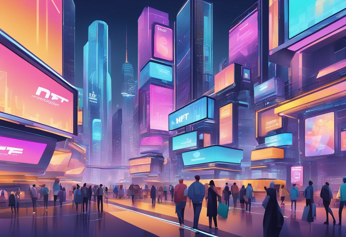 A bustling cityscape with digital billboards promoting NFT events and workshops, surrounded by futuristic architecture and a vibrant, tech-savvy atmosphere