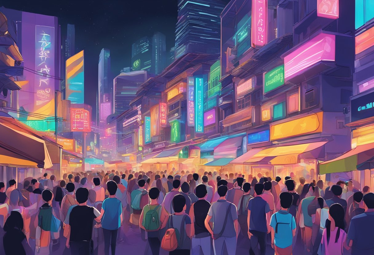 A bustling street in Singapore with colorful neon lights and lively music emanating from a concert venue, capturing the vibrant atmosphere of Eric Chou's performance