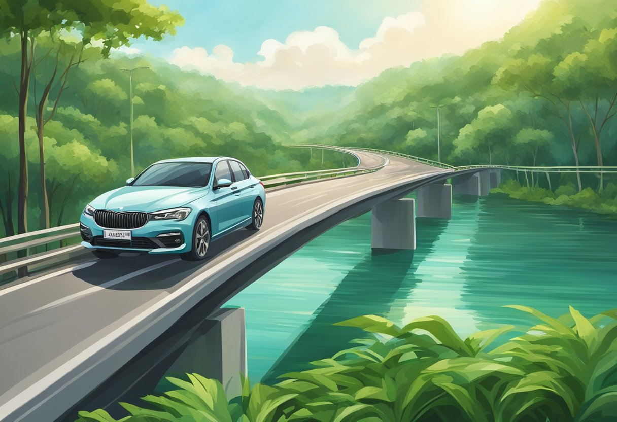 A car drives on a highway from Singapore to Desaru, passing through lush green landscapes and crossing a bridge over the water