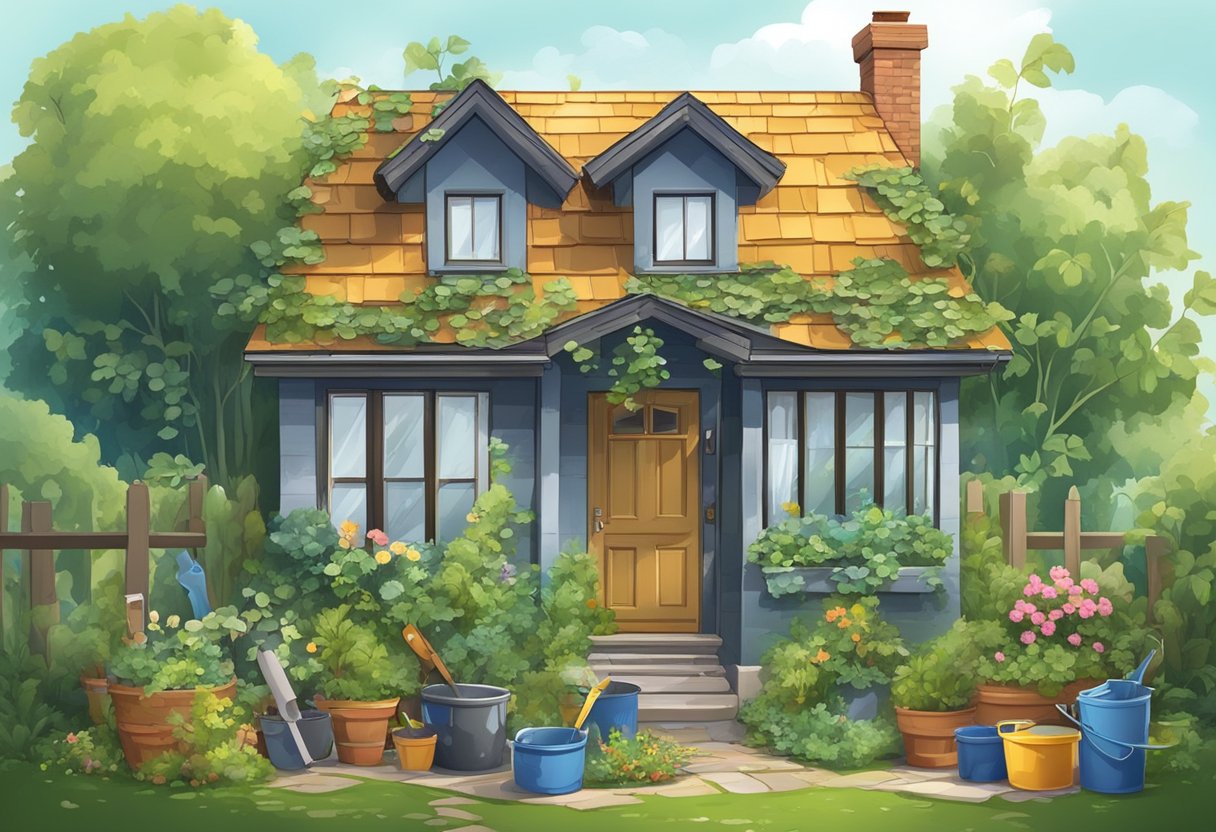 A house with a broken window, leaking roof, and overgrown garden, surrounded by tools and materials for repair