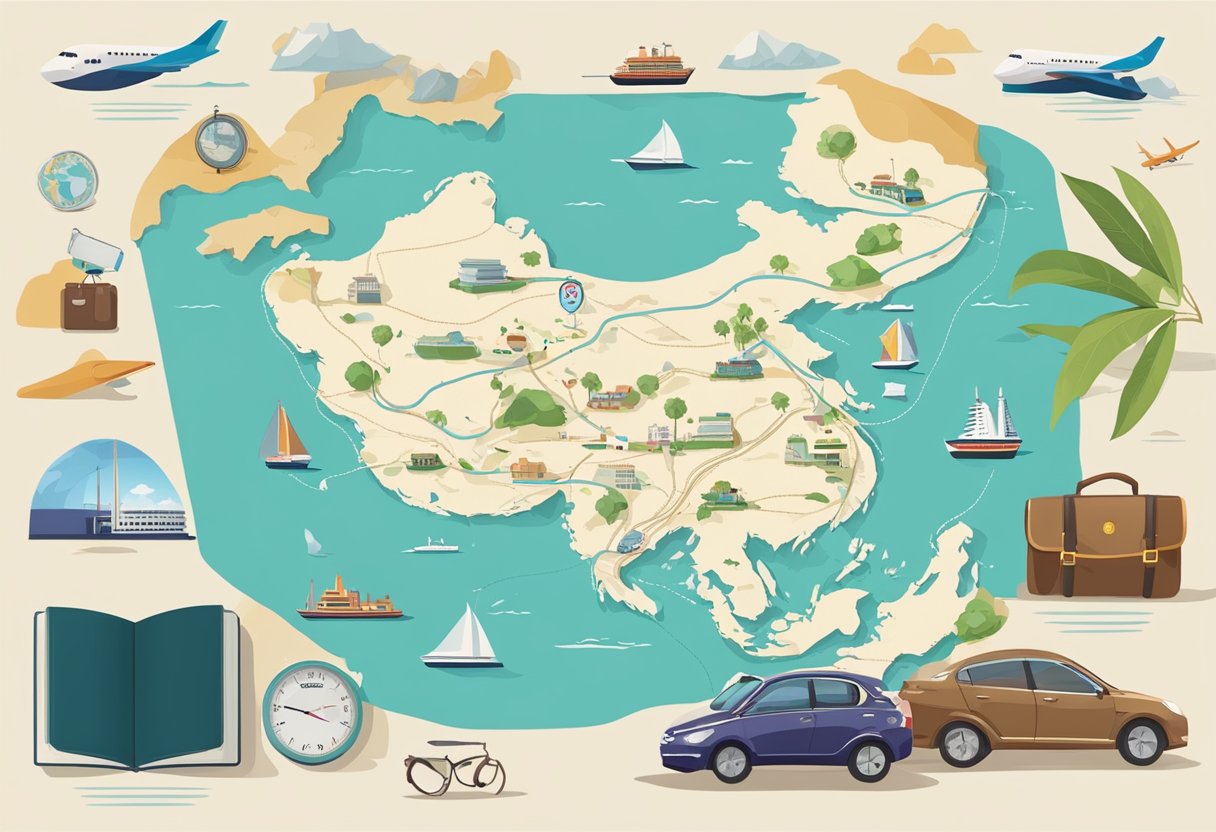 A map of the route from Singapore to Desaru, with a car and ferry symbol, surrounded by travel essentials like a passport, sunglasses, and a guidebook