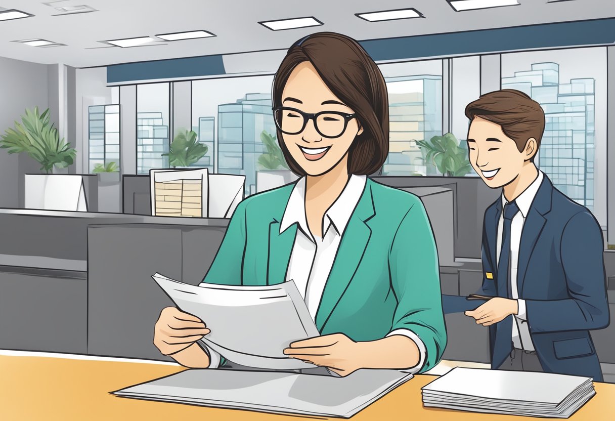 A bank teller handing a customer a flyer for a fixed deposit promotion in Singapore. The customer looks interested and the teller is smiling